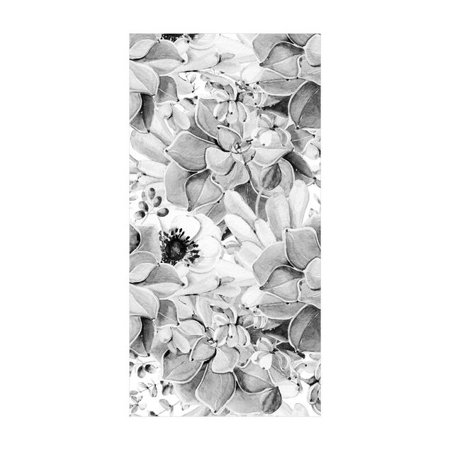 nowoczesny dywan Akwarela Sukulent z kwiatem w tonacji czarno-białej
