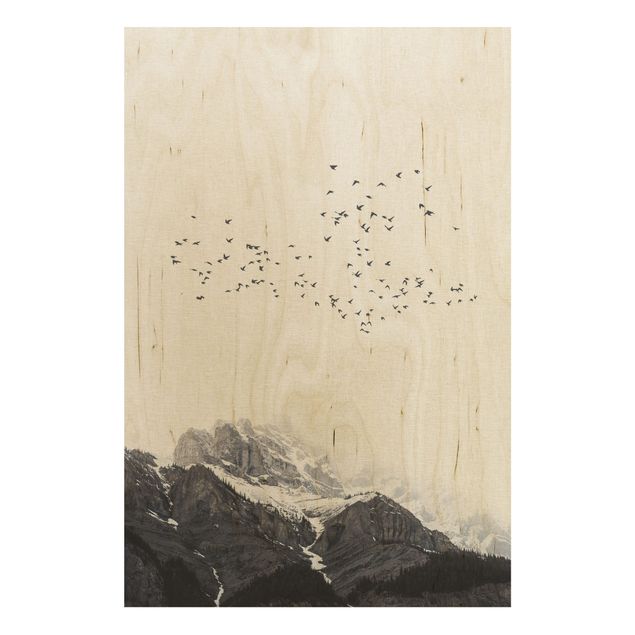 Obrazy na ścianę Stado ptaków na tle gór czarno-biały