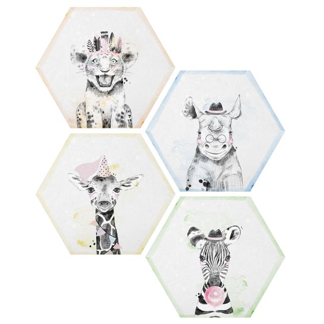 Obraz heksagonalny z Alu-Dibond 4-częściowy - Zabawne zwierzęta z Safari