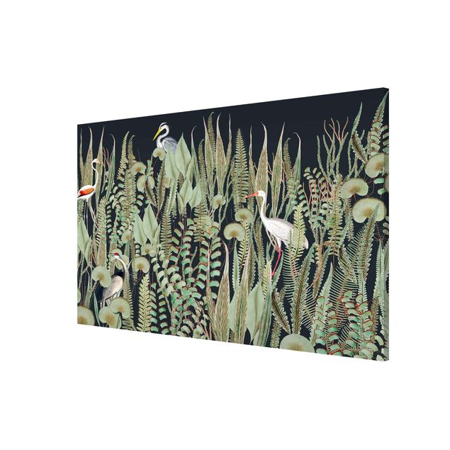 Nowoczesne obrazy Flamingo i bocian z roślinami na zielonym tle