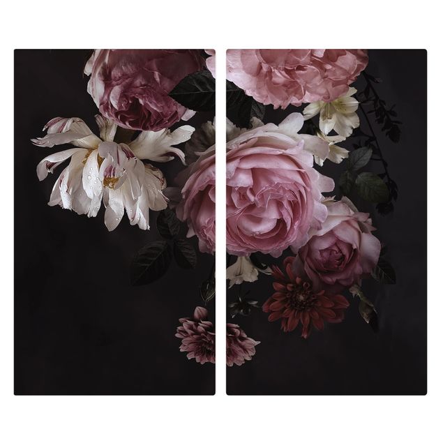 Szklana płyta ochronna na kuchenkę 2-częściowa - Różowe kwiaty na czarnym tle