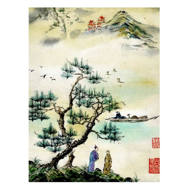 Nowoczesne obrazy do salonu Japońska akwarela Drzewo sosnowe i górska wioska
