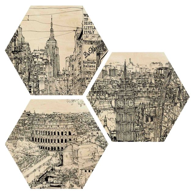 Obraz heksagonalny z drewna 3-częściowy - Studia miejskie - Nowy Jork - Londyn - Rzym