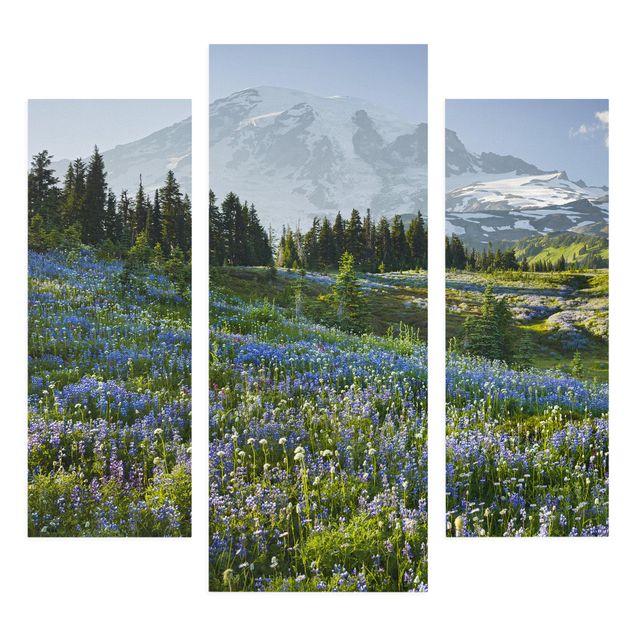 Obrazy drzewa Mountain Meadow With Blue Flowers in Front of Mt. Rainier