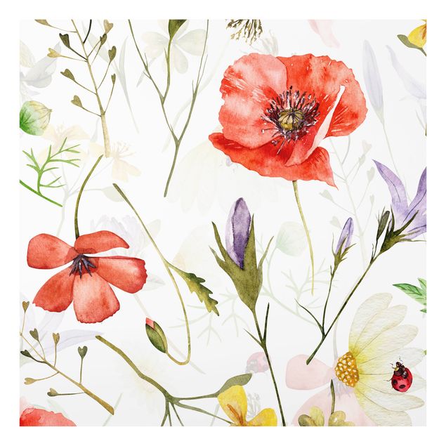 Panel kuchenny - Ladybird With Poppies In Watercolour - Kwadrat 1:1