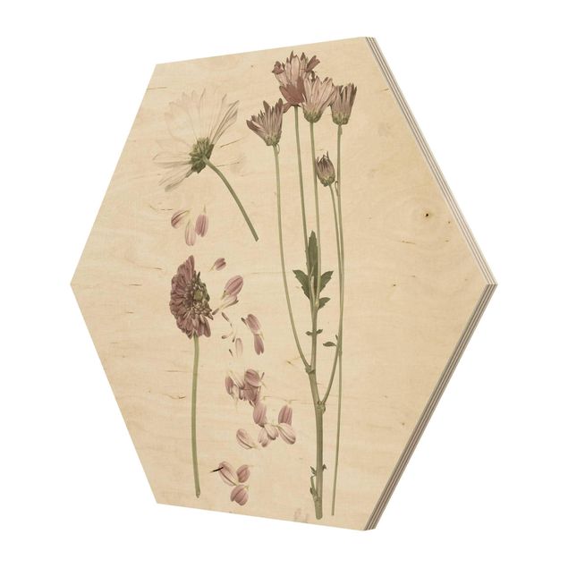 Obraz heksagonalny z drewna - Herbarium w kolorze różowym II