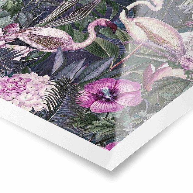 Obrazy motywy kwiatowe Kolorowy kolaż - Różowe flamingi w dżungli
