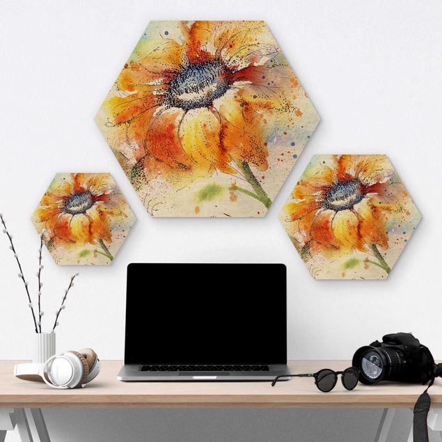 Obraz heksagonalny z drewna - Malowany słonecznik