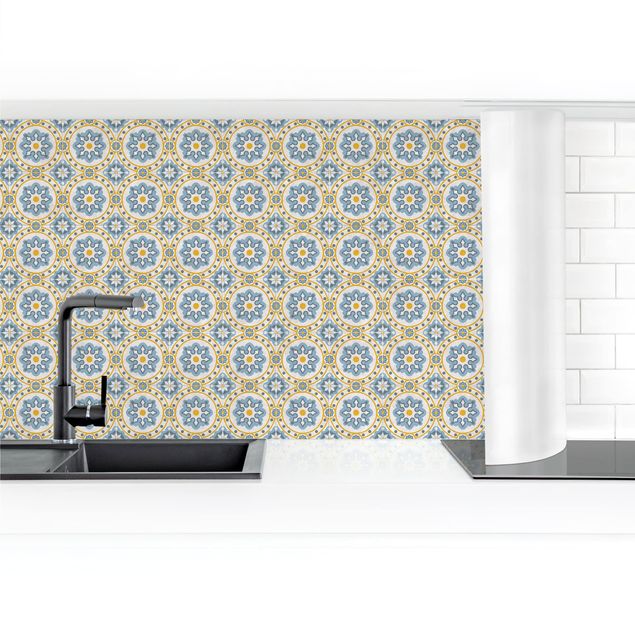 Panel ścienny do kuchni - Kwiatowe płytki niebiesko-żółte