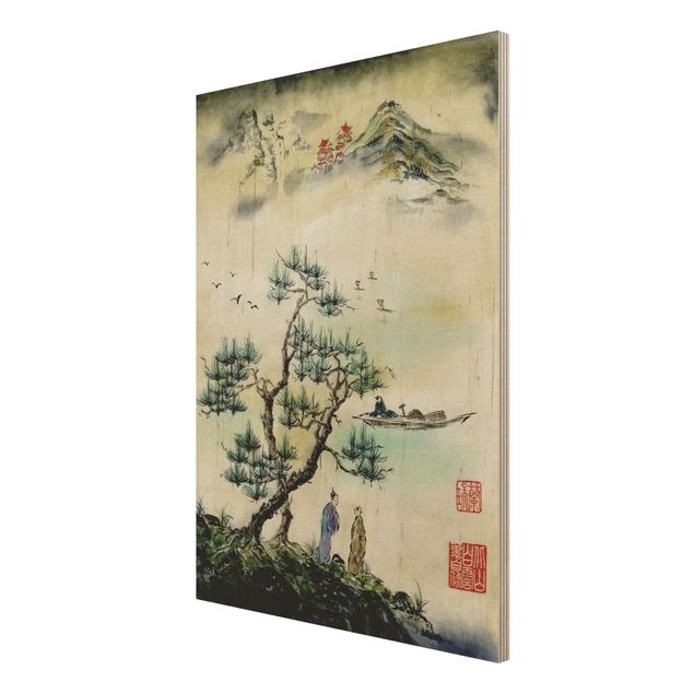 Obrazy na drewnie Japońska akwarela Drzewo sosnowe i górska wioska