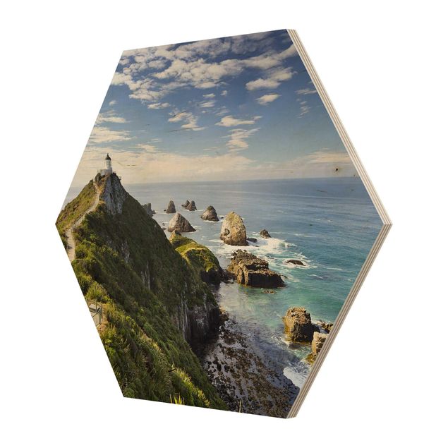 Obraz heksagonalny z drewna - Nugget Point Latarnia morska i morze Nowa Zelandia
