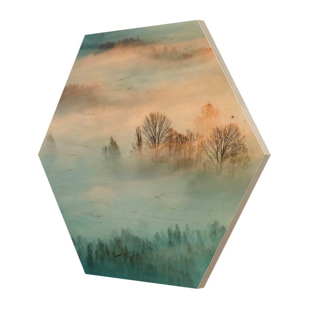 Obraz heksagonalny z drewna - Mgła o wschodzie słońca