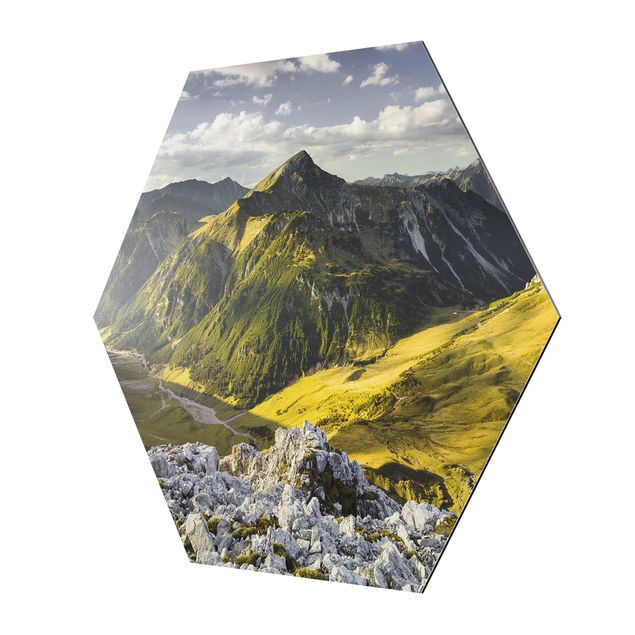 Zielony obraz Góry i dolina w Alpach Lechtalskich w Tyrolu