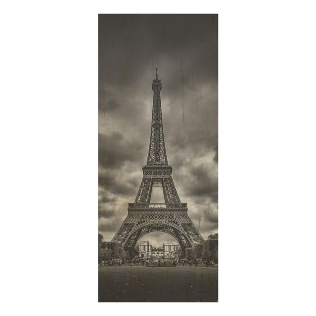 Obrazy na ścianę Wieża Eiffla na tle chmur, czarno-biała