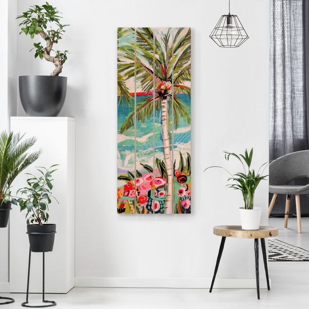 Obrazy na drewnie Drzewo palmowe z różowymi kwiatami II