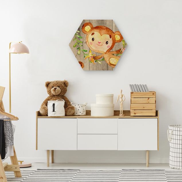 Obrazy nowoczesne Akwarela Małpa na drewnie