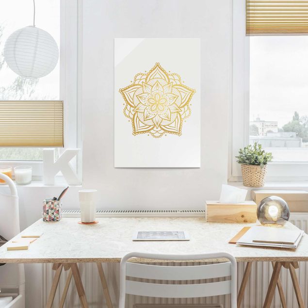 Obrazy na szkle duchowość Mandala Flower Illustration białe złoto