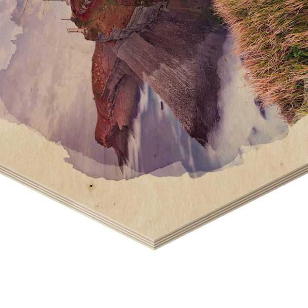 Obraz heksagonalny z drewna - Akwarele - klif i latarnia morska