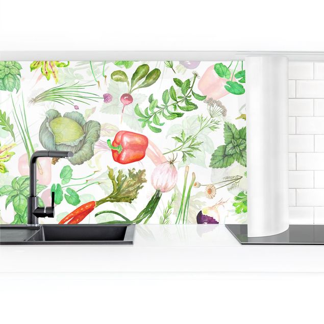 Panel szklany do kuchni Ilustracja warzyw i ziół