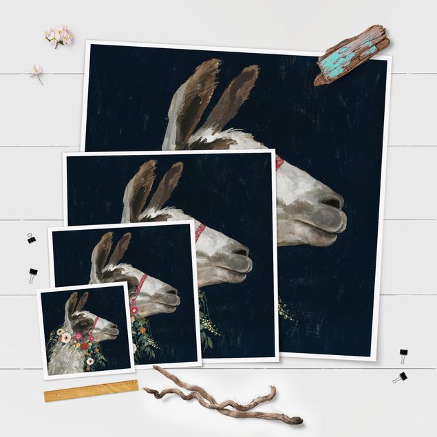 Plakaty ze zwierzętami Lama z dekoracją kwiatową I