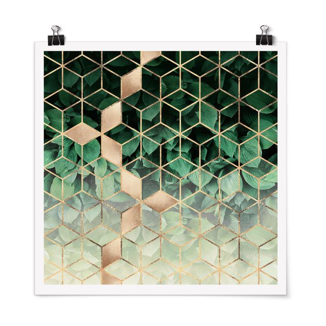 Obrazy nowoczesne Zielone liście złota geometria