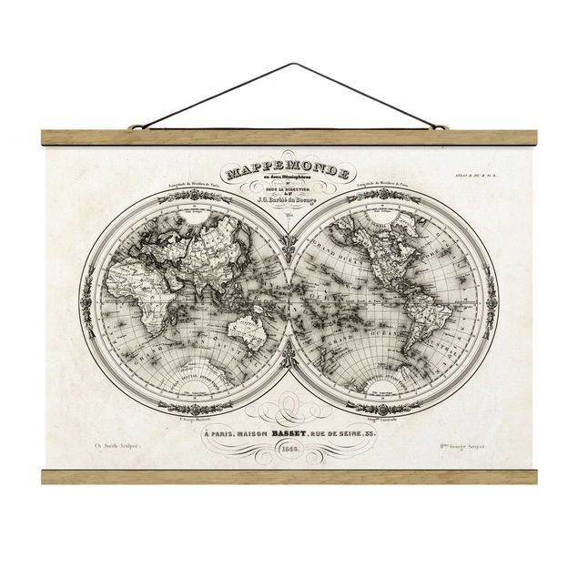 Obrazy retro Mapa świata - francuska mapa półkul z 1848 r.