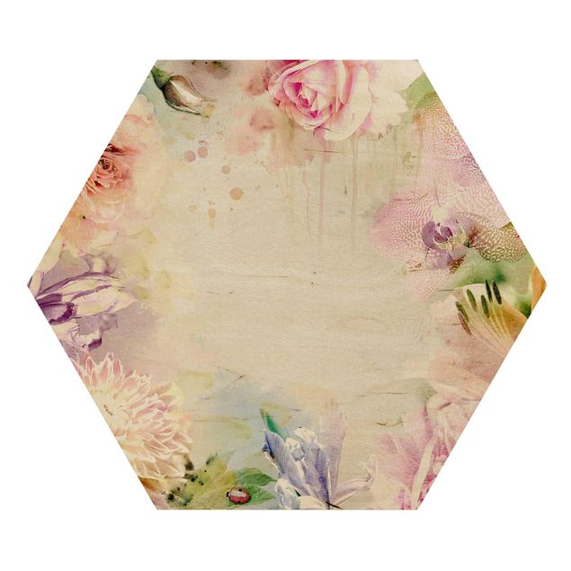 Obraz heksagonalny z drewna - Akwarela Mieszanka kwiatowa pastelowa