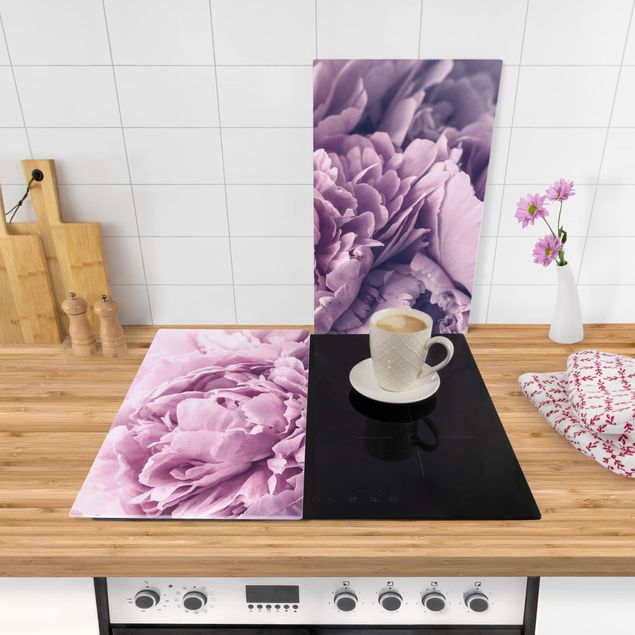Szklana płyta ochronna na kuchenkę 2-częściowa - Purpurowe kwiaty piwonii