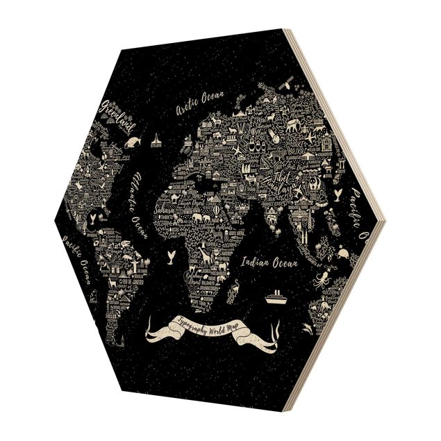 Obraz heksagonalny z drewna - Typografia mapa świata czarna
