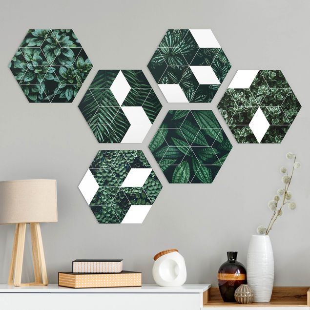 Obraz heksagonalny z Forex 6-częściowy - Zbiór geometrii "Zielone liście" II
