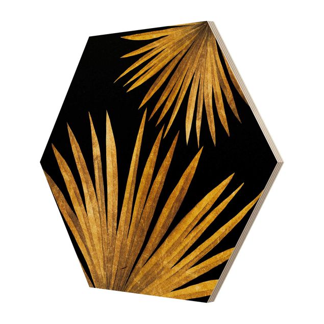 Obraz heksagonalny z drewna - Złoto - liść palmy na czarnym tle