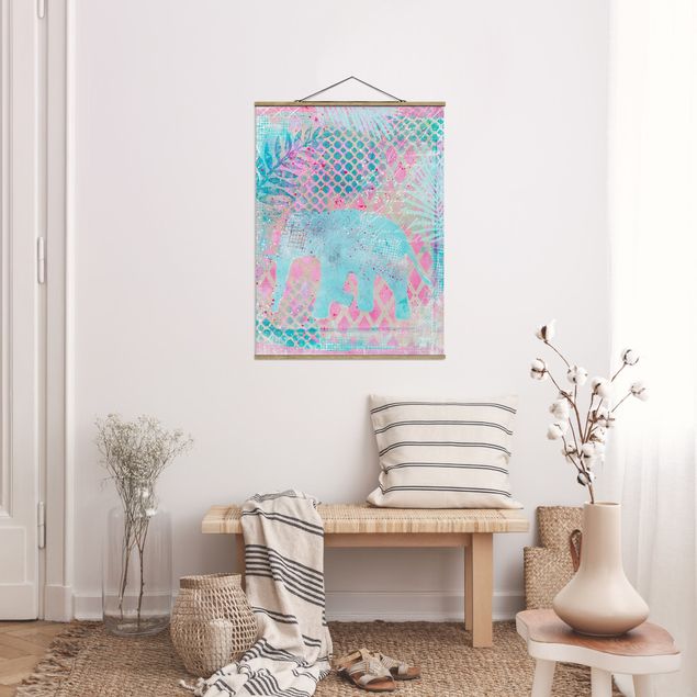 Nowoczesne obrazy do salonu Kolorowy kolaż - słoń w kolorze niebieskim i różowym