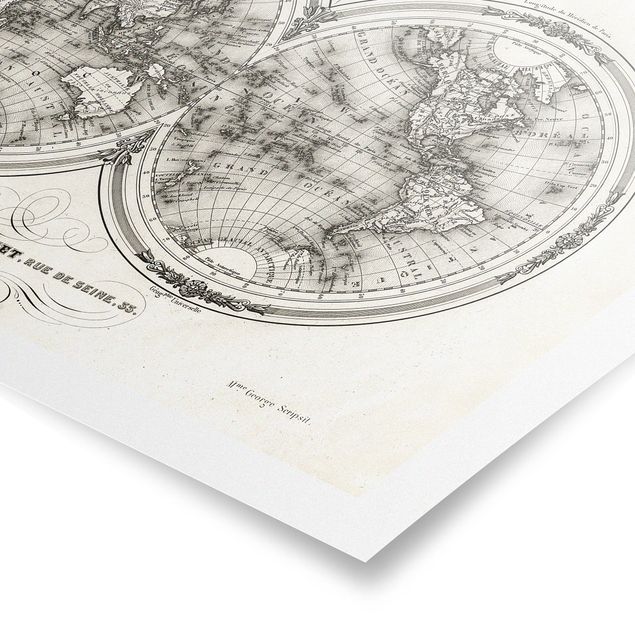 Obrazki czarno białe Mapa świata - francuska mapa półkul z 1848 r.