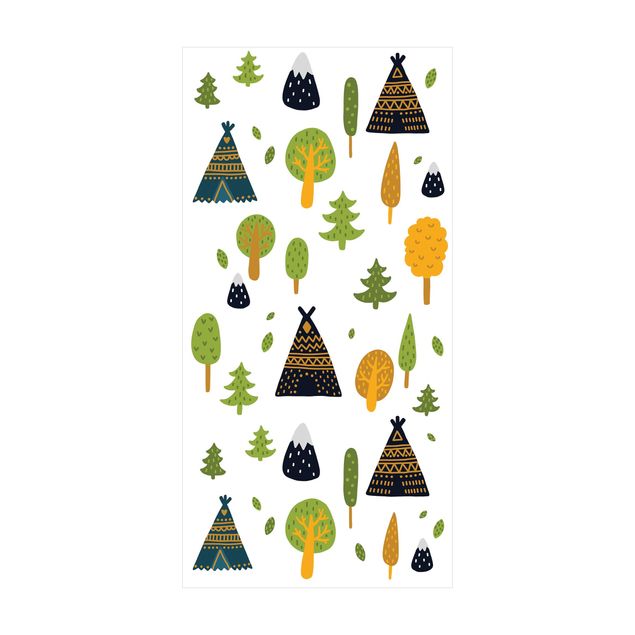 dywan nowoczesny Indiańskie tipi w lesie z wierzchołkami wzgórz