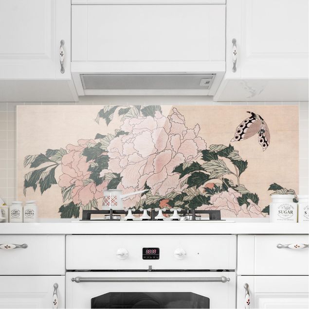 Dekoracja do kuchni Katsushika Hokusai - Różowe piwonie z motylem