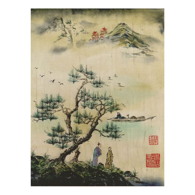Obrazy Japońska akwarela Drzewo sosnowe i górska wioska