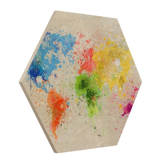 Obraz heksagonalny z drewna - Mapa świata z kolorowym rozbryzgiem