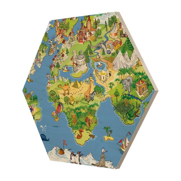 Obraz heksagonalny z drewna - Wielka i śmieszna mapa świata
