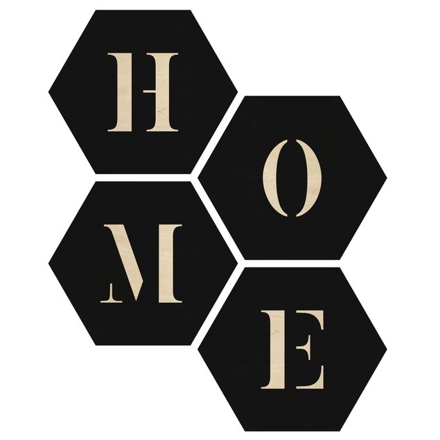 Obraz heksagonalny z drewna 4-częściowy - Litery HOME Biały zestaw II