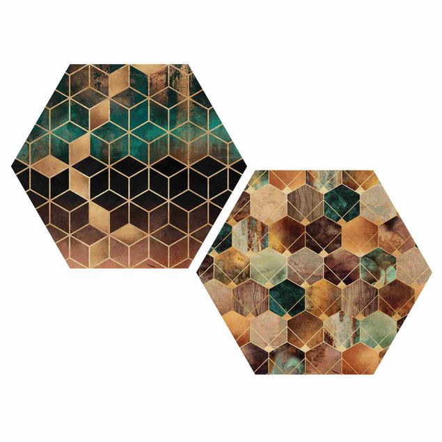 Obraz heksagonalny z drewna 2-częściowy - Turkusowa geometria Złoty zestaw Art Deco