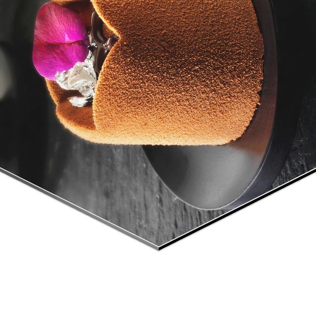 Obraz heksagonalny z Alu-Dibond 3-częściowy - Tartaletki czekoladowe z malinami