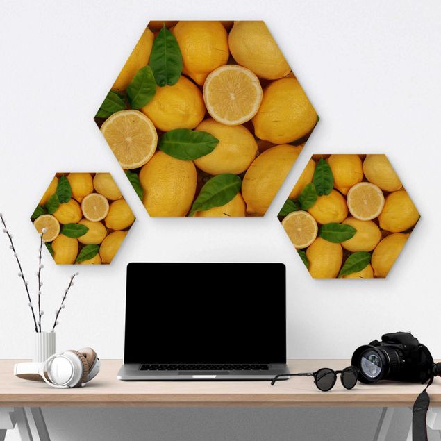 Obraz heksagonalny z drewna - soczyste cytryny