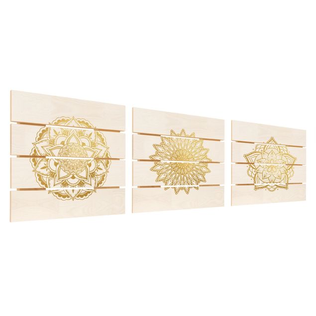 Obraz z drewna 3-częściowy - Mandala Flower Sun Illustration Set Złoto