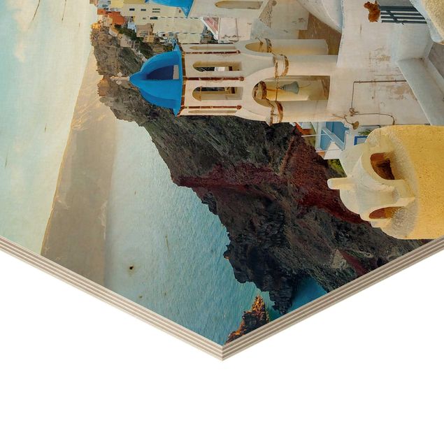 Obraz heksagonalny z drewna - Santorini