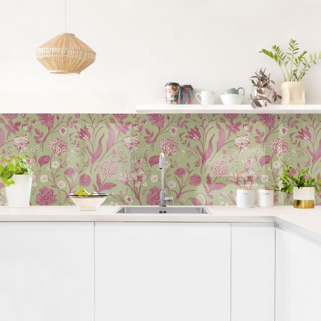 Panel szklany do kuchni Taniec kwiatów w pastelowej miętowej zieleni i różu