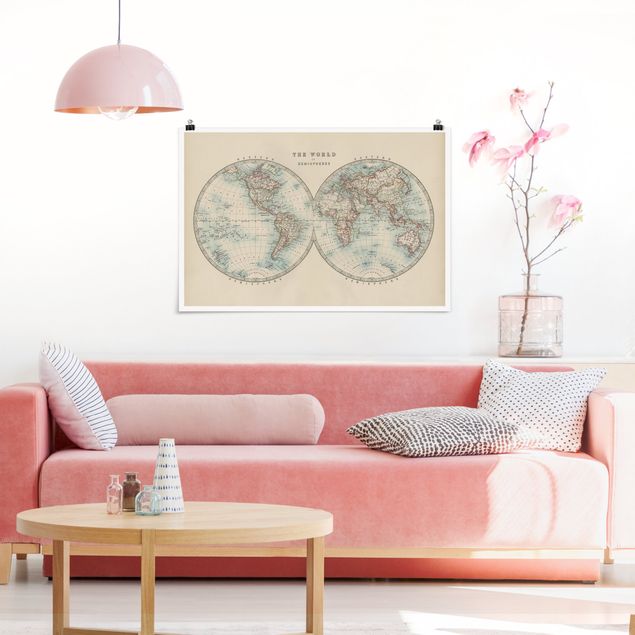 Nowoczesne obrazy do salonu Mapa świata w stylu vintage Dwie półkule