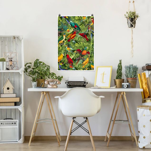 Obrazy nowoczesne Kolorowy kolaż - Papugi w dżungli