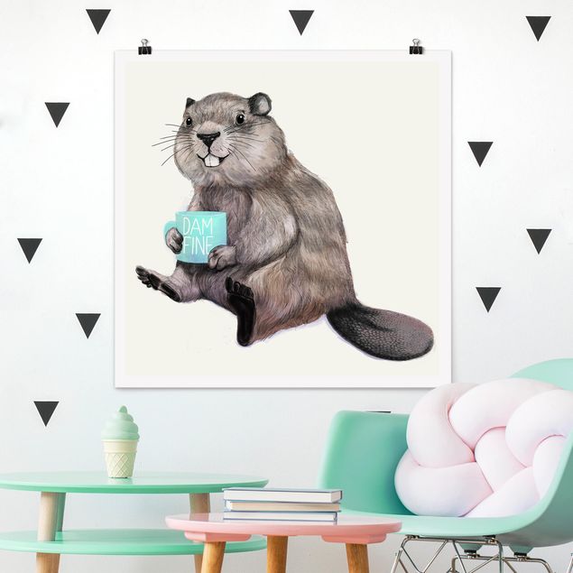 Obrazy do salonu Ilustracja przedstawiająca bobra z filiżanką kawy