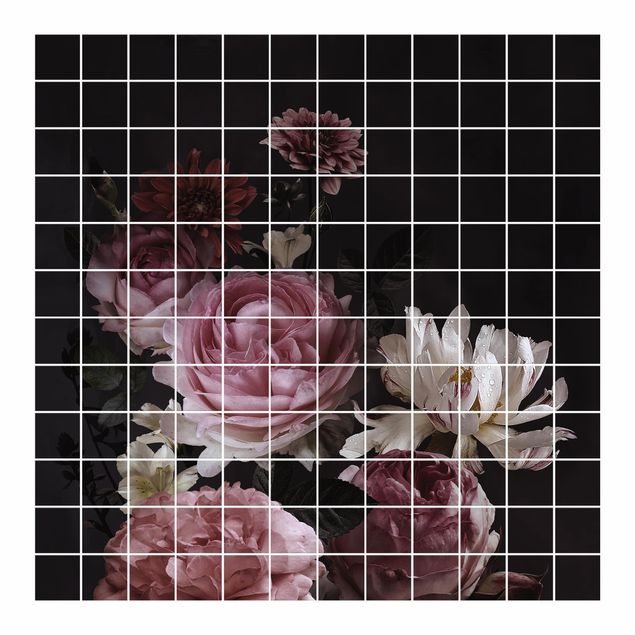 Naklejka na płytki - Różowe kwiaty na czarnym tle