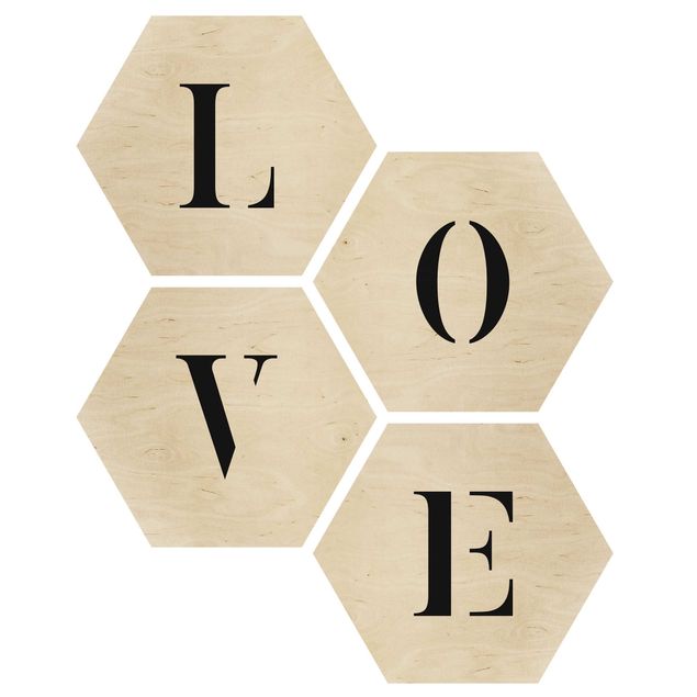Obraz heksagonalny z drewna 4-częściowy - Litery LOVE Czarny zestaw II